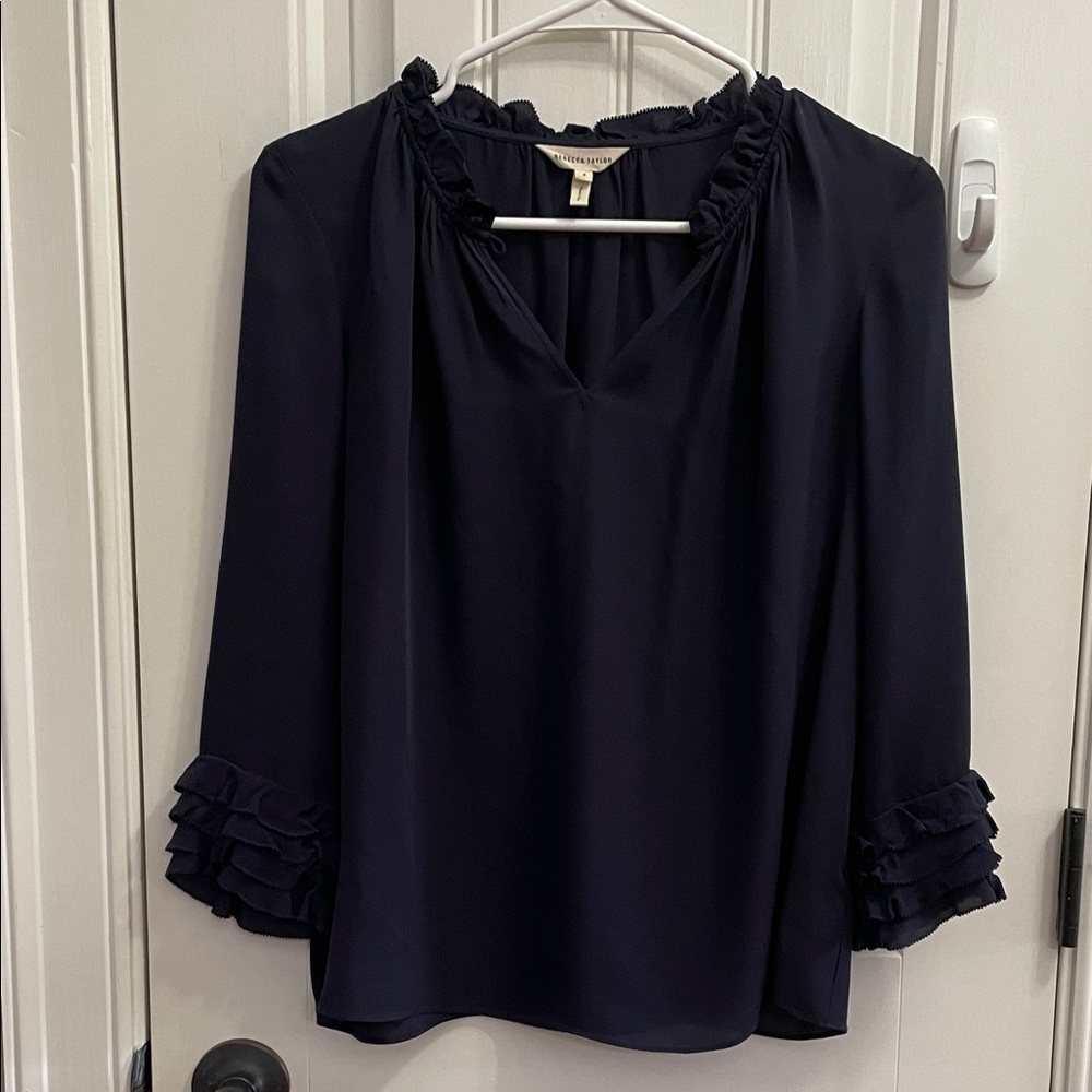 Rebecca Taylor Silk Navy Ruffle 3/4 Sleeve Blouse Size 4